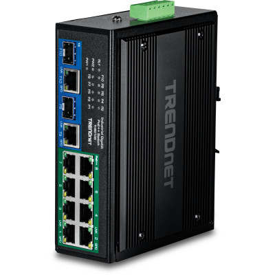 TRENDnet TI-BG108 10-Port Ethernet Switch, 8 Gigabit PoE++ ports, 2 shared Gigabit RJ-45/SFP slots, 20 Gbps switching capacity, DIN-rail/wall mount
